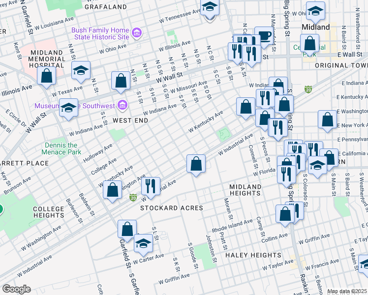 map of restaurants, bars, coffee shops, grocery stores, and more near 1406 West Washington Avenue in Midland