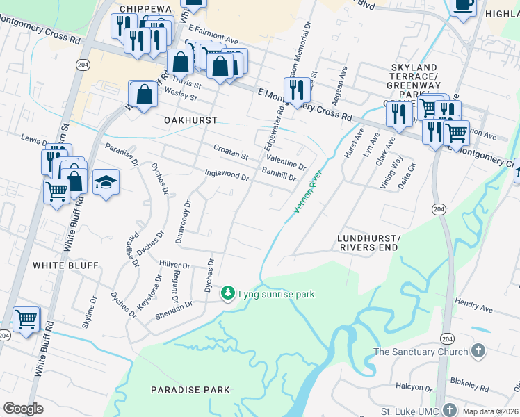 map of restaurants, bars, coffee shops, grocery stores, and more near 9013 Harmon Bluff Road in Savannah