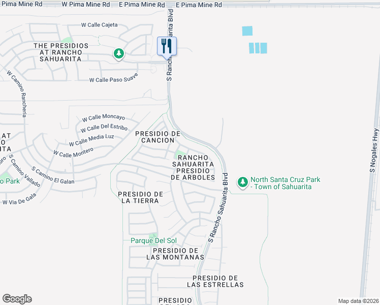 map of restaurants, bars, coffee shops, grocery stores, and more near 326 East Camino Del Abeto in Sahuarita