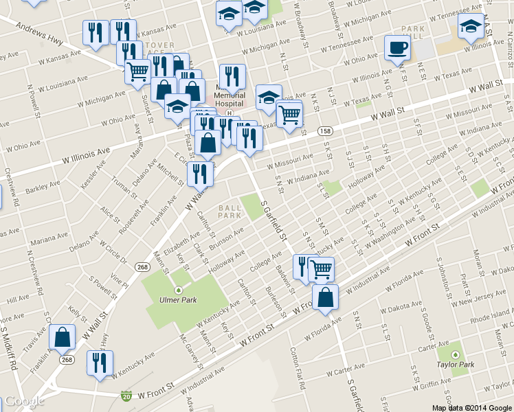 map of restaurants, bars, coffee shops, grocery stores, and more near 398 South Garfield Street in Midland