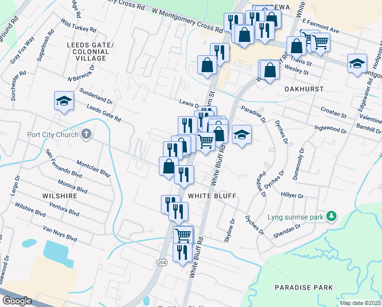 map of restaurants, bars, coffee shops, grocery stores, and more near 14999 Abercorn Frontage Road in Savannah