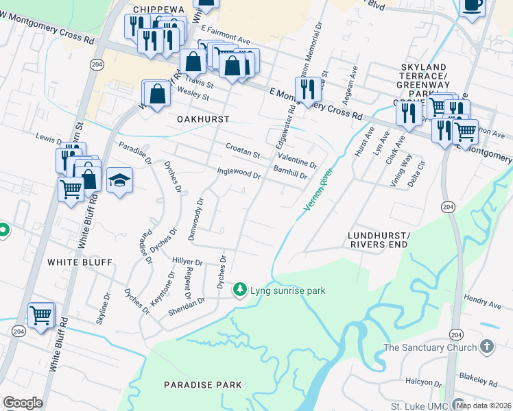 map of restaurants, bars, coffee shops, grocery stores, and more near 9013 Harmon Bluff Road in Savannah
