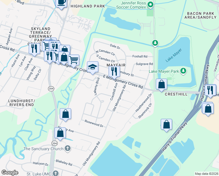 map of restaurants, bars, coffee shops, grocery stores, and more near 114 Royal Oak Court in Savannah