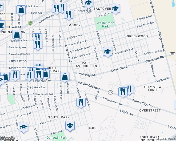 map of restaurants, bars, coffee shops, grocery stores, and more near 800-898 South Tyler Street in Midland