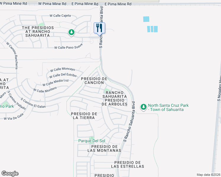 map of restaurants, bars, coffee shops, grocery stores, and more near 326 East Camino Del Abeto in Sahuarita