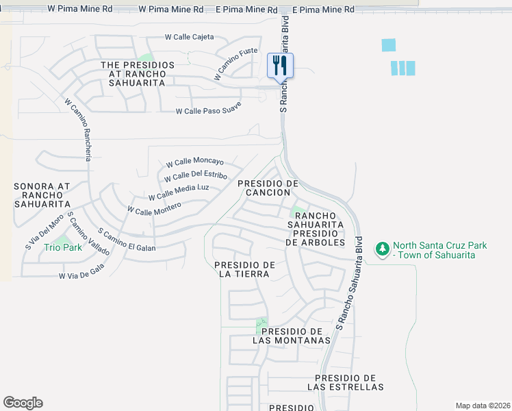 map of restaurants, bars, coffee shops, grocery stores, and more near 105 East Calle Del Rondador in Sahuarita