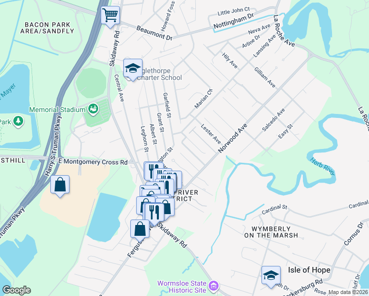 map of restaurants, bars, coffee shops, grocery stores, and more near 22 Norwood Place in Savannah