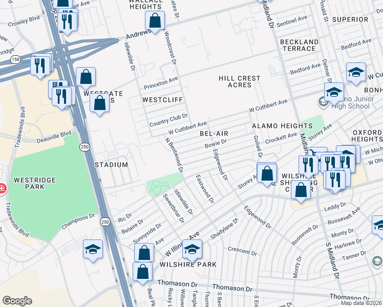 map of restaurants, bars, coffee shops, grocery stores, and more near 4714 Crockett Avenue in Midland