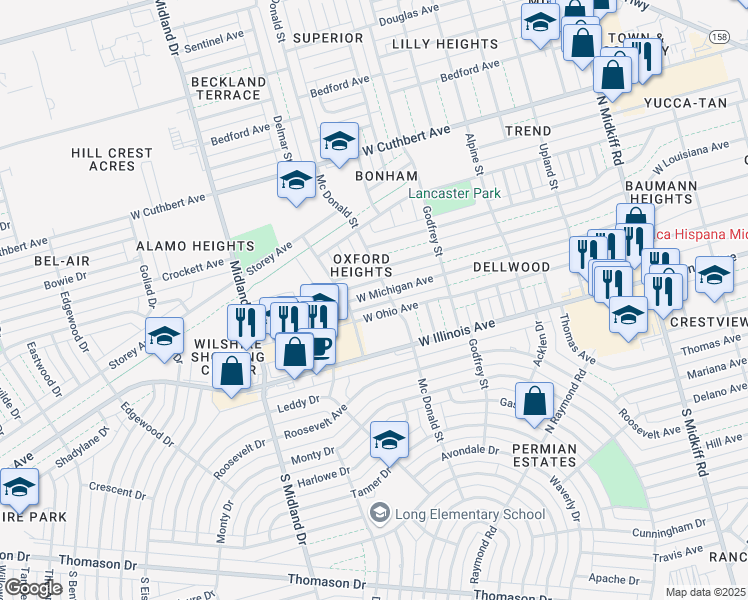 map of restaurants, bars, coffee shops, grocery stores, and more near 3704 West Ohio Avenue in Midland
