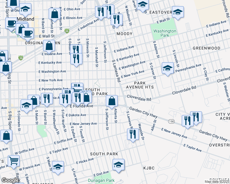 map of restaurants, bars, coffee shops, grocery stores, and more near 1000-1098 East California Avenue in Midland