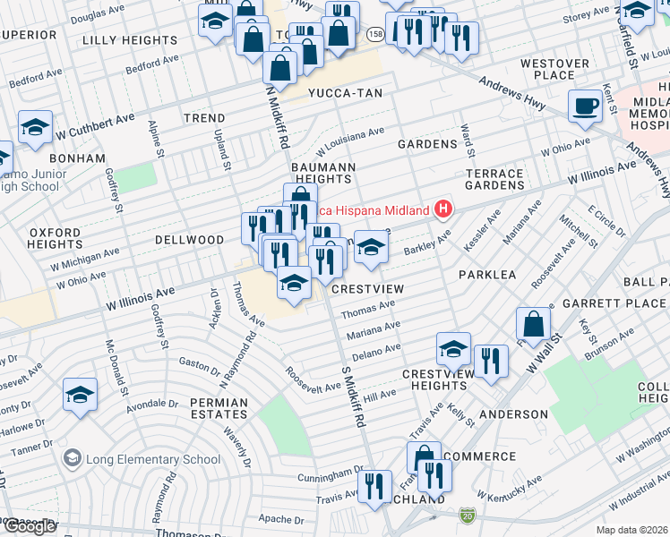 map of restaurants, bars, coffee shops, grocery stores, and more near 205-299 N Midkiff Rd in Midland