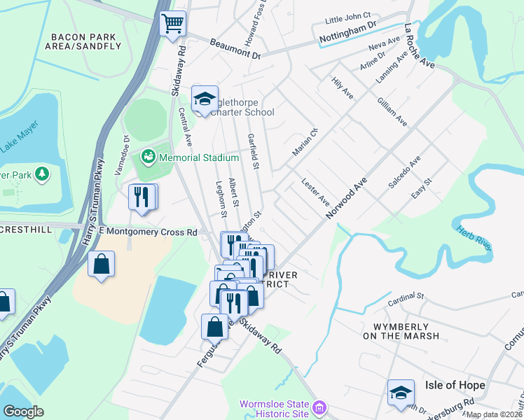 map of restaurants, bars, coffee shops, grocery stores, and more near 4015 Washington Street in Savannah