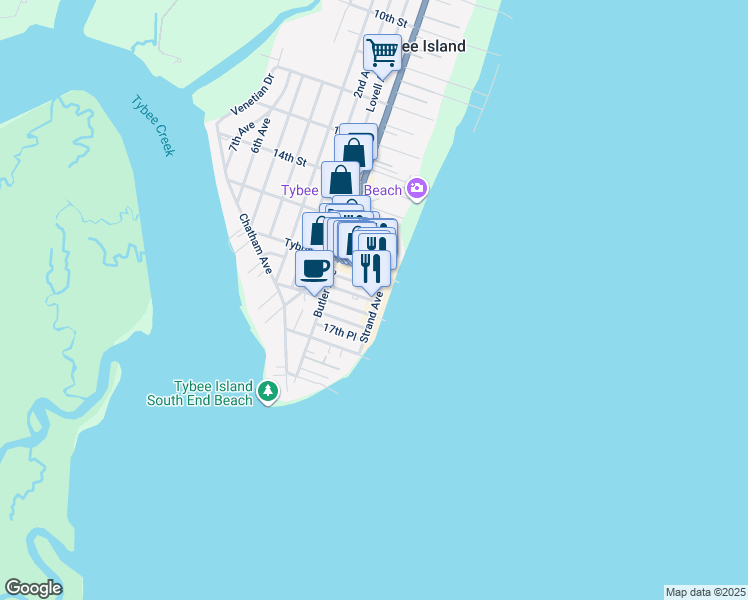 map of restaurants, bars, coffee shops, grocery stores, and more near 1609 Strand Avenue in Tybee Island