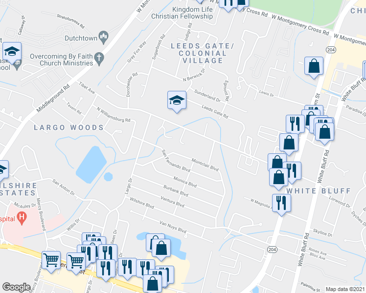 map of restaurants, bars, coffee shops, grocery stores, and more near 314 Montclair Boulevard in Savannah