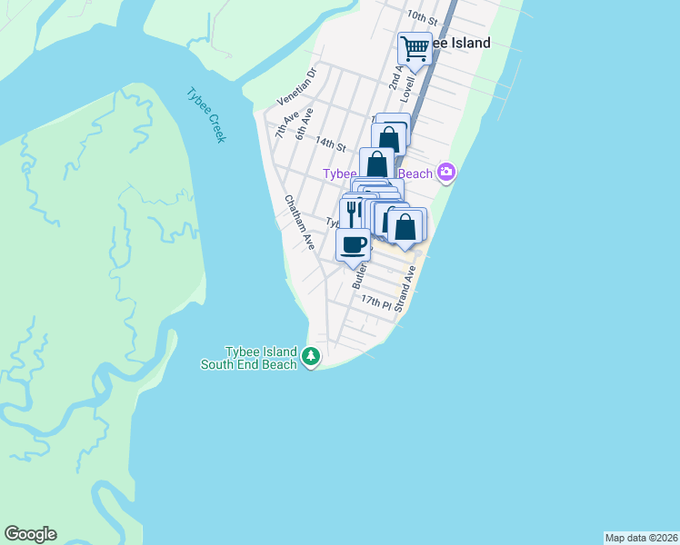 map of restaurants, bars, coffee shops, grocery stores, and more near 1710 Chatham Avenue in Tybee Island