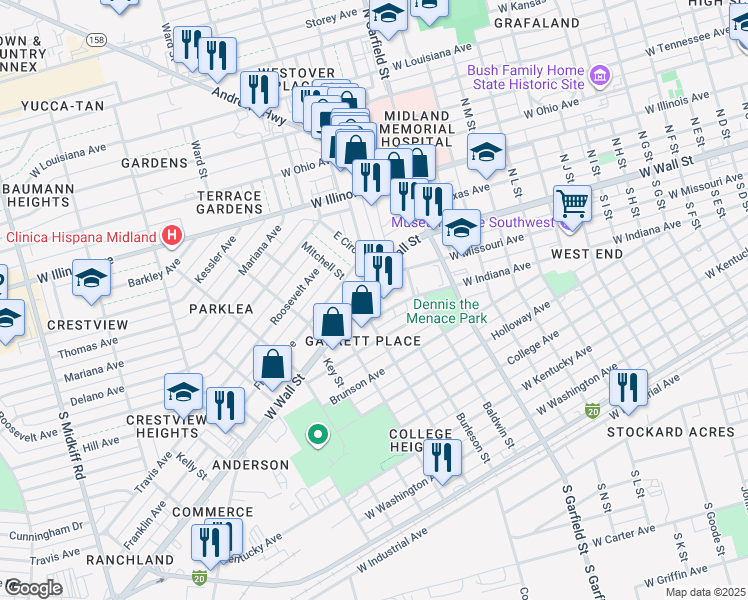 map of restaurants, bars, coffee shops, grocery stores, and more near 2403 West Indiana Avenue in Midland