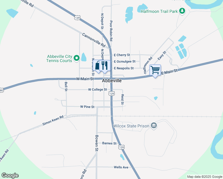 map of restaurants, bars, coffee shops, grocery stores, and more near Georgia 11 in Abbeville