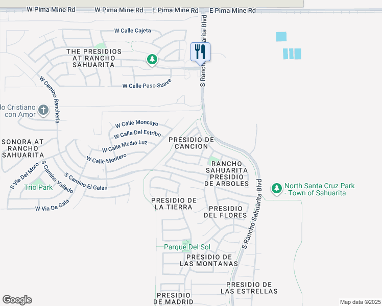 map of restaurants, bars, coffee shops, grocery stores, and more near 105 East Calle Del Rondador in Sahuarita