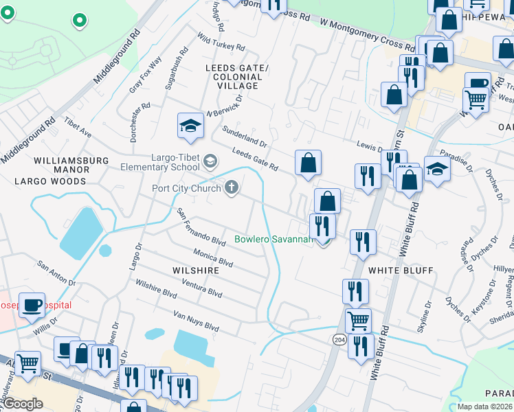 map of restaurants, bars, coffee shops, grocery stores, and more near 10 La Brea Boulevard in Savannah