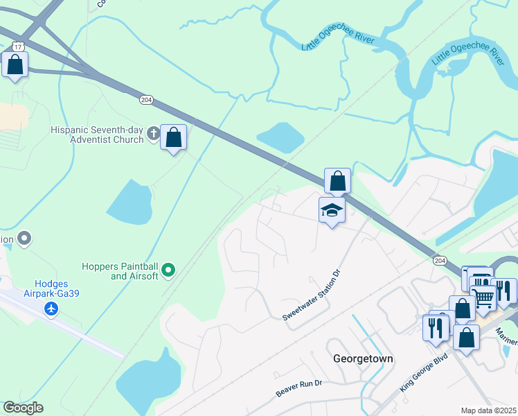 map of restaurants, bars, coffee shops, grocery stores, and more near 1717 Grove Point Road in Savannah