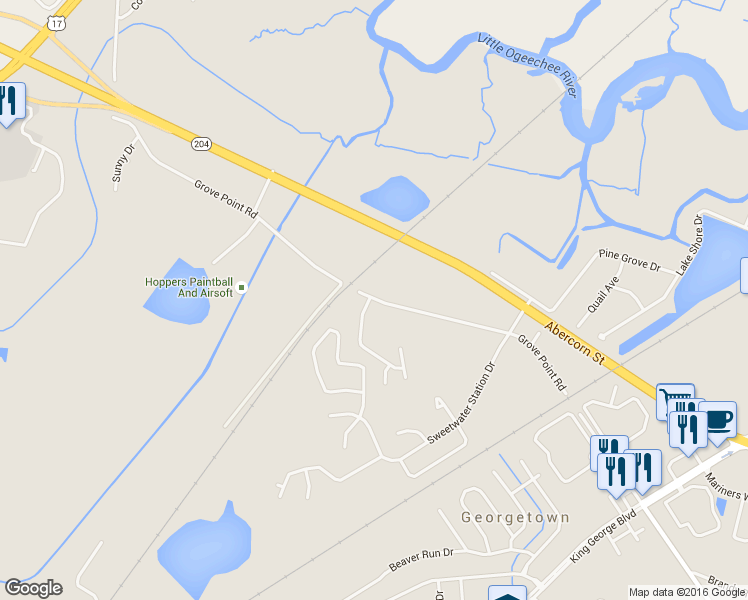 map of restaurants, bars, coffee shops, grocery stores, and more near 1717 Grove Point Road in Savannah