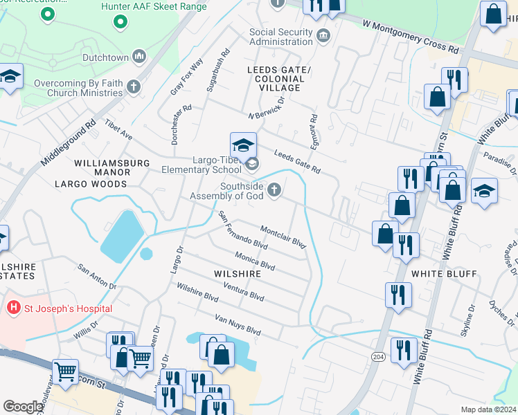 map of restaurants, bars, coffee shops, grocery stores, and more near 10914 Queen Ann Court in Savannah