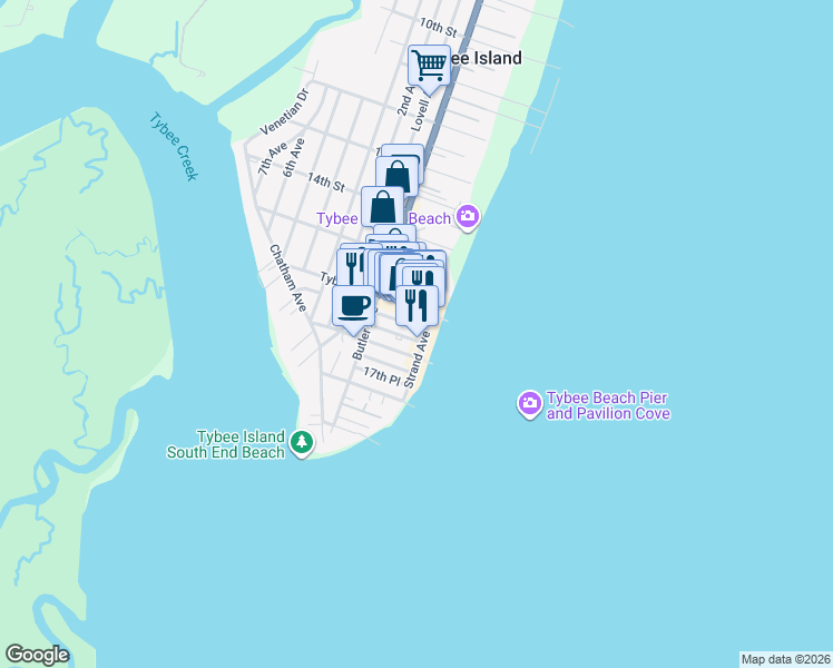map of restaurants, bars, coffee shops, grocery stores, and more near 5 A 17th Street in Tybee Island
