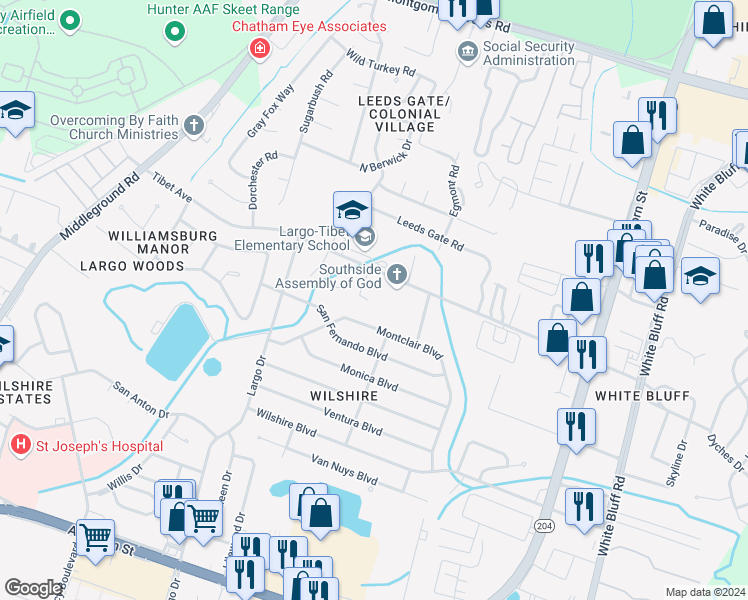 map of restaurants, bars, coffee shops, grocery stores, and more near 302 Montclair Boulevard in Savannah