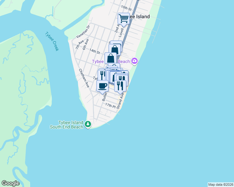 map of restaurants, bars, coffee shops, grocery stores, and more near 5 A 17th Street in Tybee Island