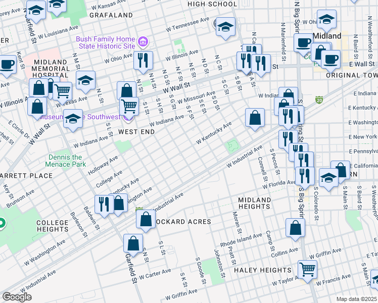 map of restaurants, bars, coffee shops, grocery stores, and more near 1406 W Washington Ave in Midland