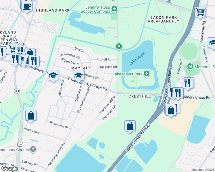 map of restaurants, bars, coffee shops, grocery stores, and more near 1614 Queensbury Street in Savannah