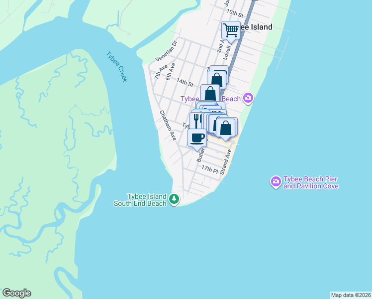 map of restaurants, bars, coffee shops, grocery stores, and more near 1612 Jones Avenue in Tybee Island