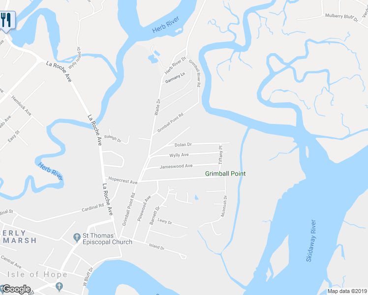 map of restaurants, bars, coffee shops, grocery stores, and more near 27 Dolan Drive in Savannah