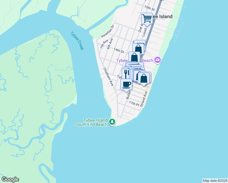 map of restaurants, bars, coffee shops, grocery stores, and more near 1612 Jones Avenue in Tybee Island