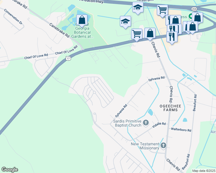 map of restaurants, bars, coffee shops, grocery stores, and more near 102 Ristona Drive in Savannah