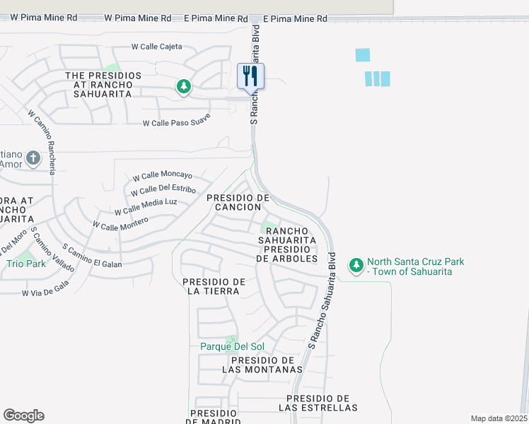 map of restaurants, bars, coffee shops, grocery stores, and more near 275 East Camino Del Abeto in Sahuarita