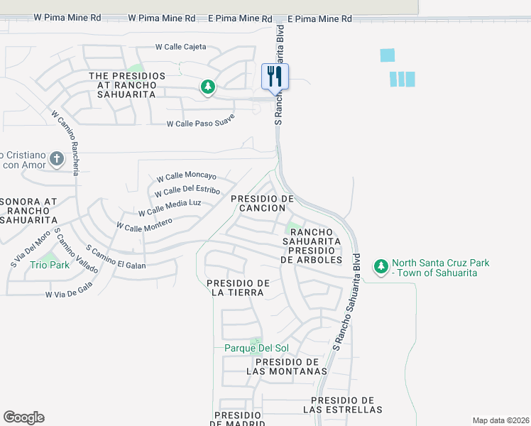map of restaurants, bars, coffee shops, grocery stores, and more near 14218 South Vía Horma in Sahuarita