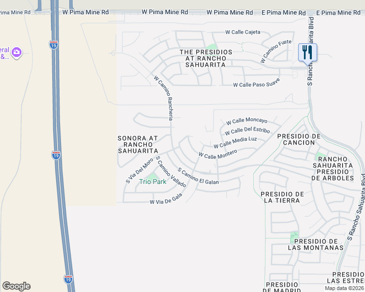 map of restaurants, bars, coffee shops, grocery stores, and more near 14232 South Camino Burgos in Sahuarita