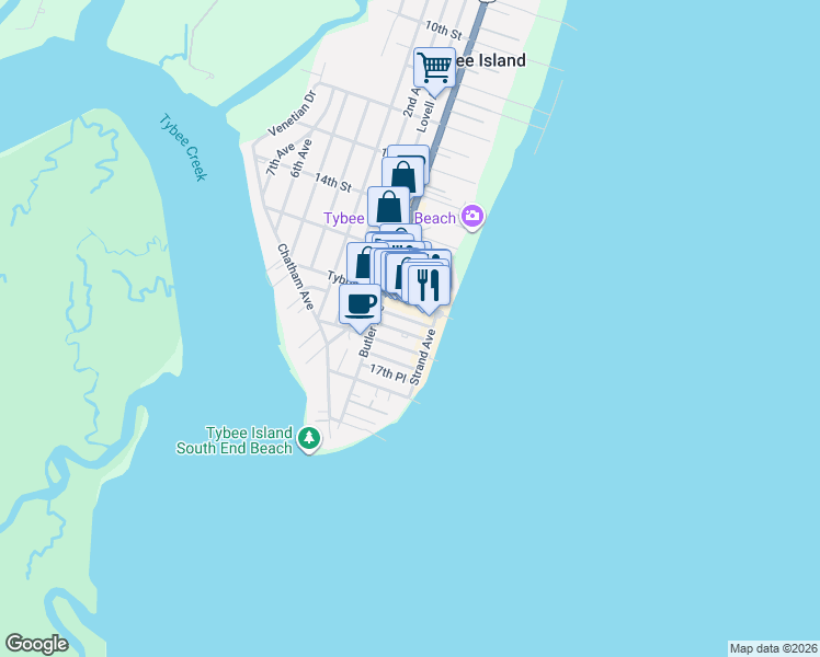 map of restaurants, bars, coffee shops, grocery stores, and more near 4 Silver Avenue in Tybee Island