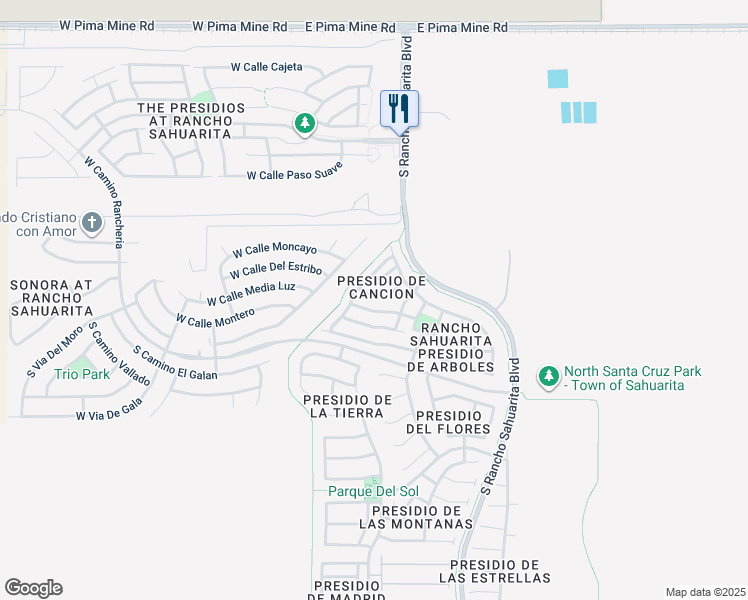 map of restaurants, bars, coffee shops, grocery stores, and more near 14239 South Via Horma in Sahuarita