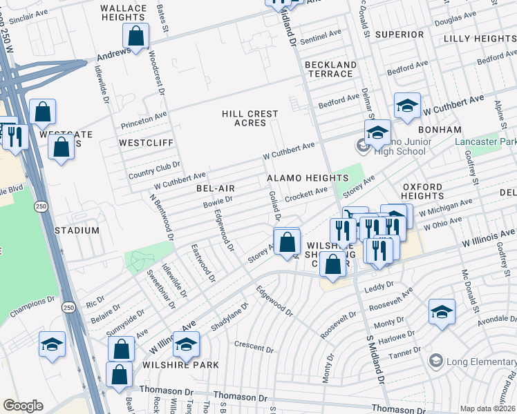 map of restaurants, bars, coffee shops, grocery stores, and more near 4603 Bowie Drive in Midland