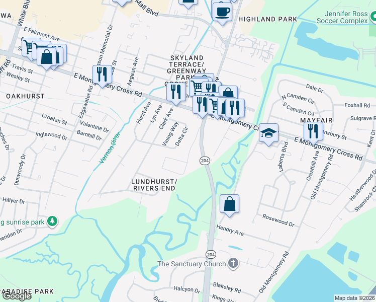 map of restaurants, bars, coffee shops, grocery stores, and more near 26 Delta Circle in Savannah