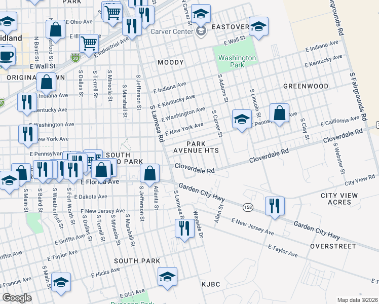 map of restaurants, bars, coffee shops, grocery stores, and more near 800 South Tyler Street in Midland
