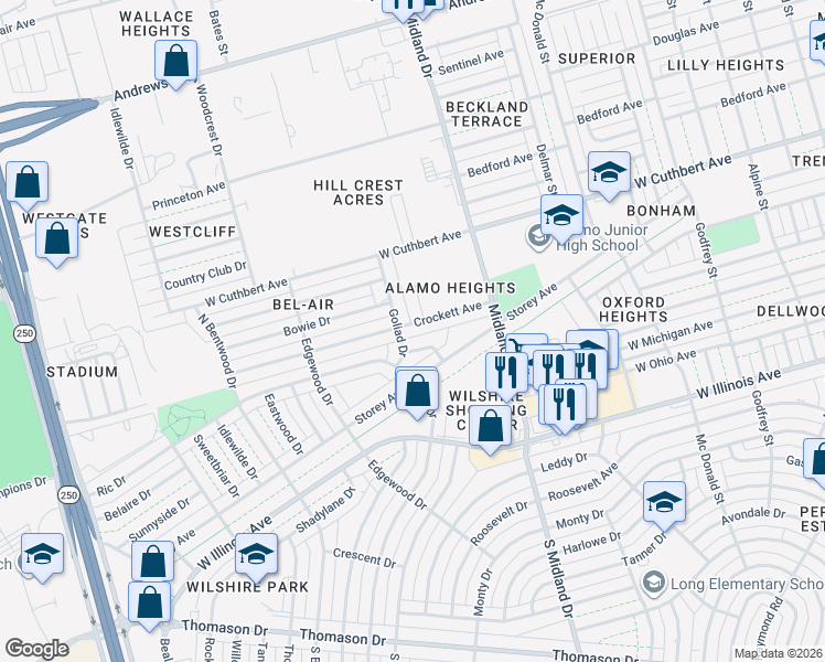 map of restaurants, bars, coffee shops, grocery stores, and more near 901 Alamo Drive in Midland