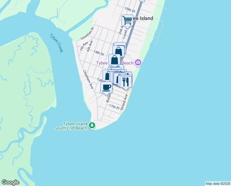 map of restaurants, bars, coffee shops, grocery stores, and more near 17 Tybrisa Street in Tybee Island