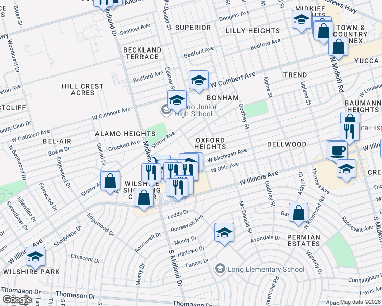 map of restaurants, bars, coffee shops, grocery stores, and more near 1201 Delmar Street in Midland