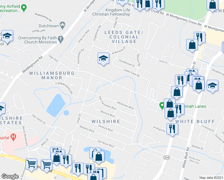 map of restaurants, bars, coffee shops, grocery stores, and more near 10903 Queen Ann Court in Savannah