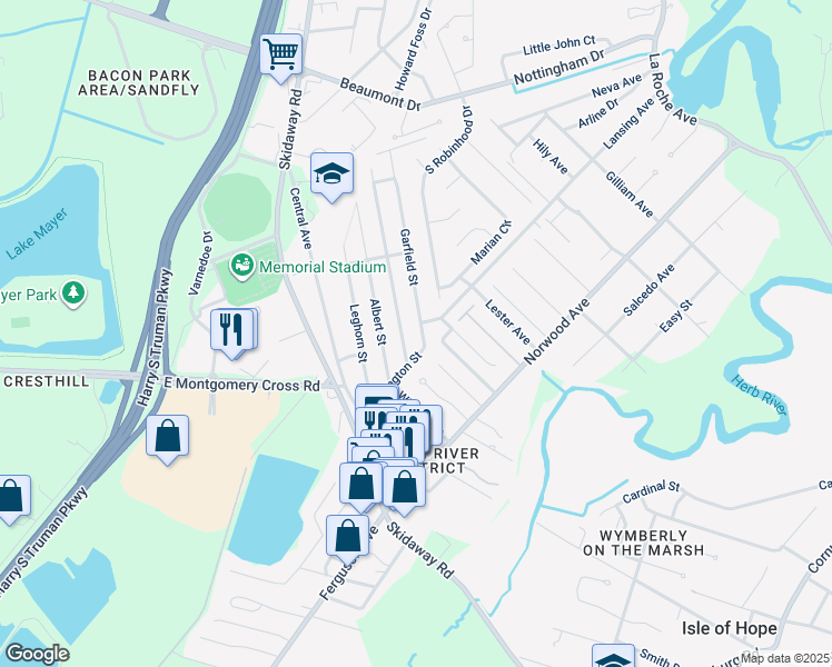 map of restaurants, bars, coffee shops, grocery stores, and more near 7337 Garfield Street in Savannah