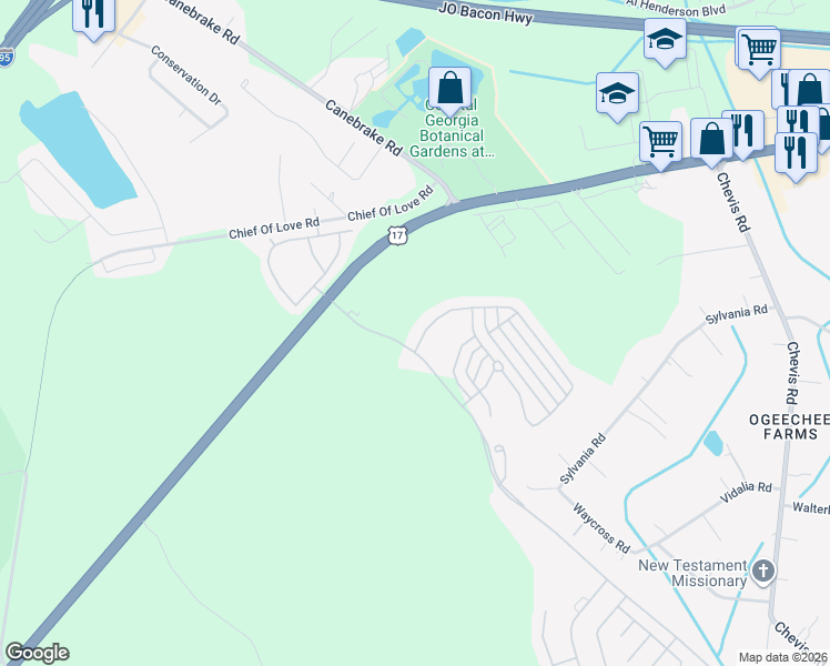 map of restaurants, bars, coffee shops, grocery stores, and more near 8 Ristona Drive in Savannah