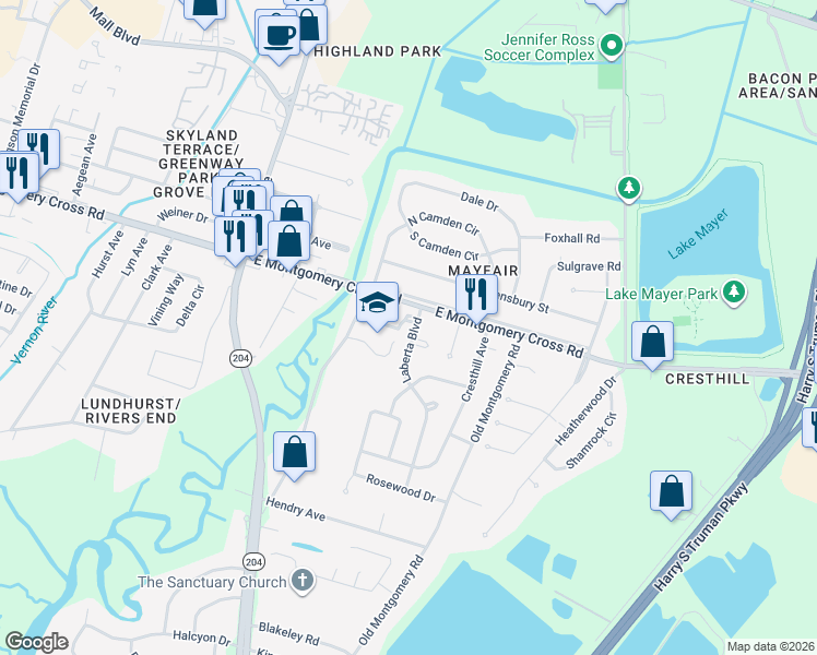 map of restaurants, bars, coffee shops, grocery stores, and more near 8417 Laberta Boulevard in Savannah